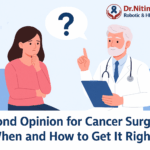 Illustration of a female patient consulting a senior doctor for a second opinion on cancer surgery, with a question mark symbol and Dr. Nitin Singhal’s logo in the top-right corner."